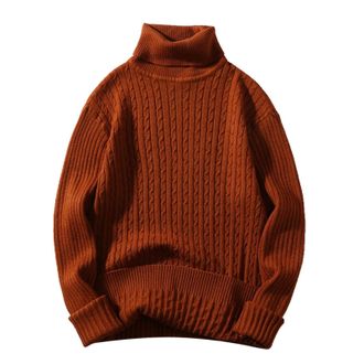 Generic Mens Turtleneck Knitted Jumper Cable Knit Jumpers Thick Knitwear Long Sleeve Roll Neck Knit Sweater Pullovers Fisherman Jumper Autumn Winter Warm Soli