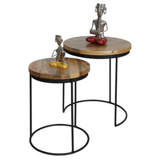 Jaipur Furniture Ravi Iron Base Solid Wood Top Round Stool (Set of 2) - L44 x W44 x H49 cm - Mango Light Finish in Brown