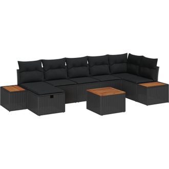 vidaXL Conjunto De Sof&aacute; De Jard&iacute;n Con Almohada 8 Pcs Negro Polirat&aacute;n