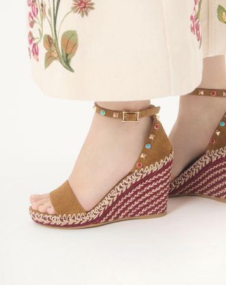 Valentino Garavani Sandalo Zeppa Rockstud Double In Crosta Con Pietre Cabochon 105Mm Donna HAVANA BEIGE 35