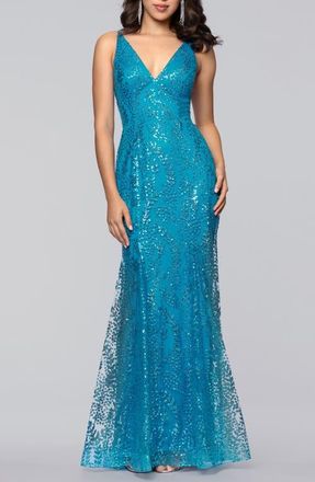 Blondie Nites V-Neck Sequin Gown in Aqua at Nordstrom, Size 11