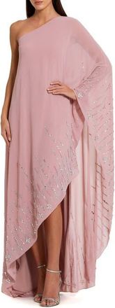 Mac Duggal One Shoulder Georgette Beaded Trim Kaftan Gown in Antique Rose at Nordstrom, Size Medium