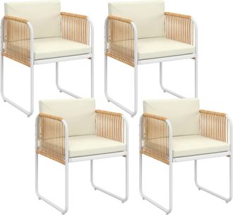 IDMarket Set Di 4 Sedie Rio Con Struttura In Metallo Bianco, Cordoncino Effetto Rattan Chiaro E Cuscini Beige