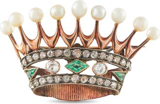 Luxury Bazaar Antique 18K Rose Gold and Sterling Silver 1.30ct Diamond, Emerald, and Pearl Crown Brooch MF02-073026