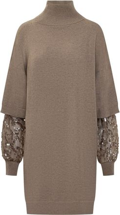 Brunello Cucinelli Beige Embellished Mock Collar Mini Dress