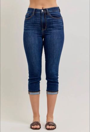 Judy Blue High Waist Capri With Single Cuff In Dark Blue
