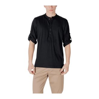 Antony Morato Black Mandarin Collar Button-Up T-Shirt