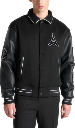 Mani&egrave;re De Voir Oscar Mona Lisa Wool Blend Varsity Jacket in Black at Nordstrom, Size Small