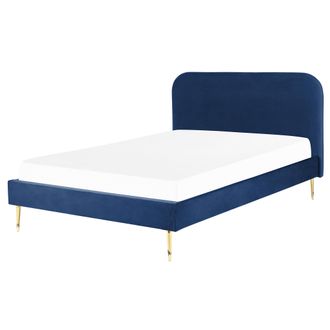 Beliani Cama Con Somier De Terciopelo Azul Marino Dorado 140 X 200 Cm Patas Metal Flayat