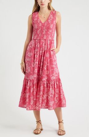Treasure & Bond Smocked Tank Midi Dress in Pink Cottage Floral Stripe at Nordstrom, Size Xx-Large