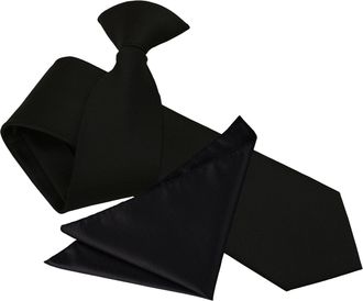 DQT Solid Check Formal Business Officers Wedding Modern Style Easy to Wear Clip on Tie & Pocket Square Set for Men in Black
