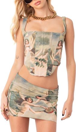 Edikted Halo Angel Print Square Neck Corset in Beige at Nordstrom, Size X-Large