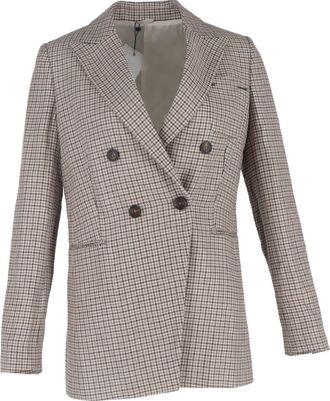 Brunello Cucinelli Houndstooth Double-Breasted Blazer in Beige Wool