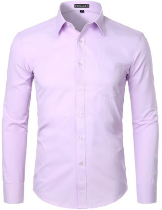 PARKLEES Mens Long Sleeve Dress Shirt Solid Slim Fit Casual Business Formal Button Up Shirts with Pocket Lavender XXL