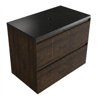 Saniclass Holz Atelier Badkamermeubelset - 80x45x63cm - Noche basalten wastafelblad gepolijst (zwart) - 1 kraangat - 2 lades - mat eiken charcoal (hout)