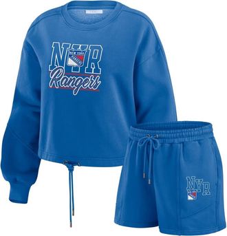 WEAR by Erin Andrews Womens WEAR by Erin Andrews Blue New York Rangers Washed Fleece Sweatshirt & Shorts Lounge Set at Nordstrom, Size X-Large