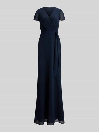 Lauren Ralph Lauren Abendkleid mit Bindeg&uuml;rtel und V-Ausschnitt in Dunkelblau, Gr&ouml;&szlig;e 34