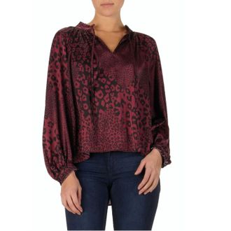 Elan Mixed Leopard Print Blouse In Burgundy