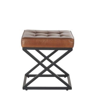 Maisons du monde Taburete de piel marr&oacute;n y metal negro