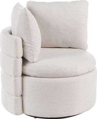 Beliani Sill&oacute;n De Tela Con Respaldo Curvo Base Giratoria De 360&deg; Y Cojines Decorativos Con Espacio De Almacenaje Blanco Crema Randers