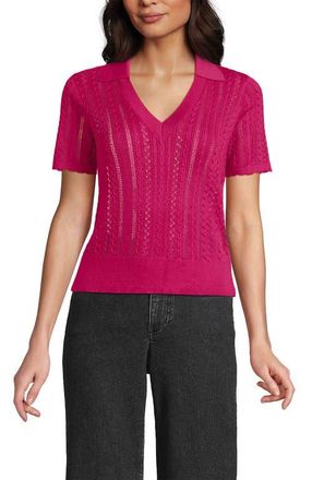 Lands End Fine Gauge Cotton Pointelle Polo Sweater in Hot Pink at Nordstrom, Size X-Large