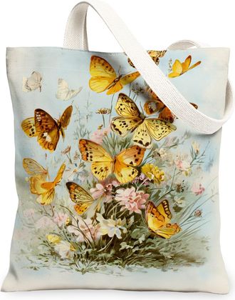 Generic Floral Butterfly Canvas Tote Bags, Vintage Insect Pattern Reusable Grocery Bags, Lightweight Washable Shoulder Strap Canvas, Blue, 13x15 Inch