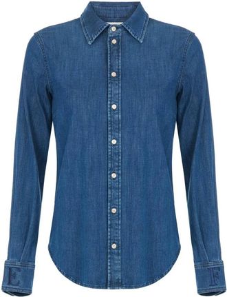 Elisabetta Franchi Overhemden, Dames, Blauw, M, Denim, Denim blouse met geborduurd logo