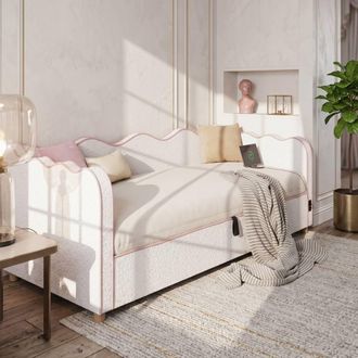 Matteo Boucl&eacute; Upholstered Single Daybed - Hydraulic Storage & USB - Beige