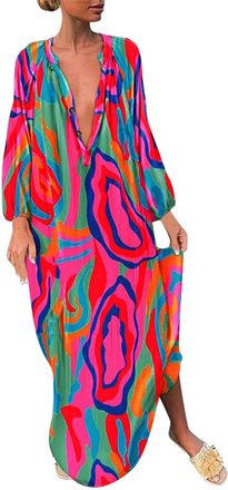 Generic Dressing Shirts for Women Sexy 3X Women Casual V Neck Button Printing Dresses Long Sleeves Midi Dress Casual Loose Beach Dress Long Cocktail Dress (Ho