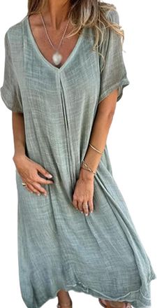 Generic Cotton and Linen V-Neck Midi Dress, Linen Dresses for Women,Simple Printed Cotton and Linen Dress Women Half Sleeve (Peacock Green,L)