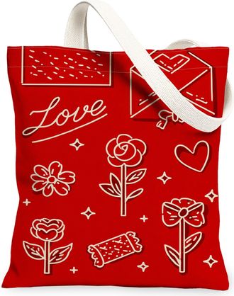 Generic ValentineS Floral Canvas Tote Bags, Cute Flower Pattern Reusable Grocery Bags, Modern Chic Lightweight Washable Shoulder S, Red, 13x15 Inch