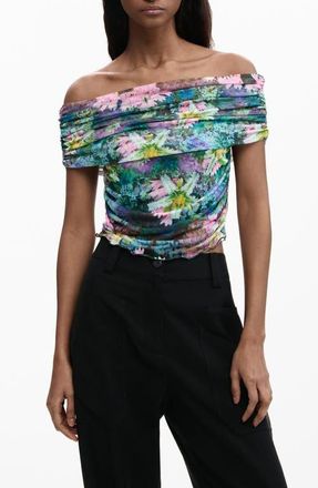 Desigual Off the Shoulder Stretch Mesh Top in Green at Nordstrom, Size X-Large