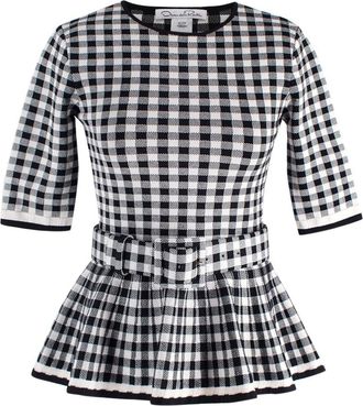 Oscar De La Renta Oscar De La Renta Monochrome Houndstooth Belted Peplum Top Size XS