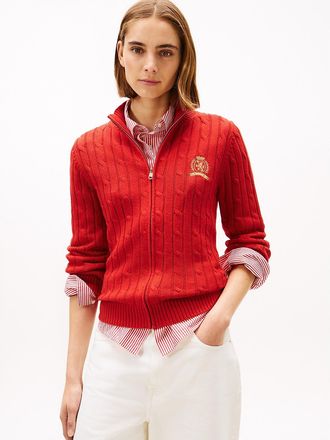Tommy Hilfiger Womens Crest Logo Cable Knit Zip Cardigan - Red - XXL