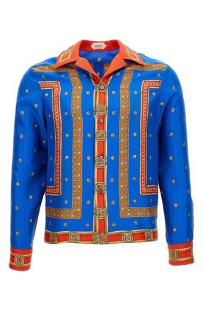 Versace Trompe lOeil Print Silk Twill Bowling Shirt in Royal Blue Red Gold at Nordstrom, Size 38 Us