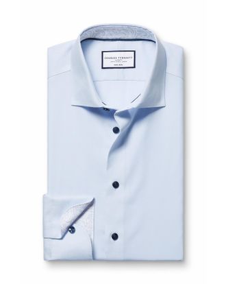 CHARLES TYRWHITT Non-Iron Stretch Printed Trim Cotton Formal Shirt - Sky Blue Single Cuff Size 15.5/34 by Charles Tyrwhitt