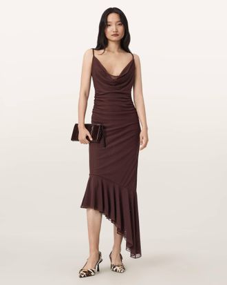 AllSaints Main: 52% Polyamide, 42% Polyester, 6% Elastane Bea Mesh Midi Dress, Size: UK 14/US 10