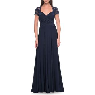 La Femme Elegant Jersey Evening Dress with Lace Details in Navy at Nordstrom, Size 16