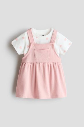 H&M 2-piece Dungaree Dress And Top Set in Light Pink/hearts at Nordstrom, Size Newborn