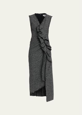 Michael Kors Sleeveless Frayed Tweed Asymmetric Ruffle Midi Dress