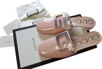Gucci Nude Crystal Embellished Square G Mules Size 37