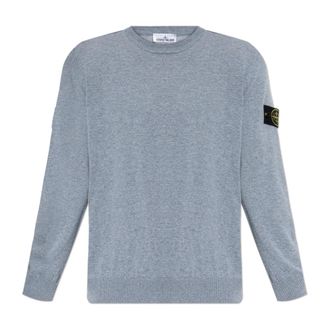 Stone Island Round-neck Knitwear, male, Blue, Size: 2XL Wool Sweater with a Crew Neckline