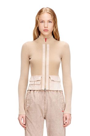Diesel Zip-up cardigan with denim cargo pockets - Knitwear - Woman - Beige