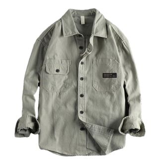 Generic Mens Sticker Design Retro Vintage Shirts Long Sleeved Cargo Pocket Shirt Youth Cotton Shirt Jacket light Gray L