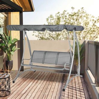 OUTSUNNY 3 Seat Metal Fabric Backyard Balcony Patio Swing Chair with Canopy Top in Dark Grey