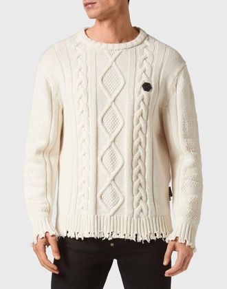 Philipp Plein Mens Cable Knit Distressed Hem Sweater - Ivory Wool - Size X-Small