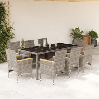 vidaXL Set Comedor Jard&iacute;n 9 Pzas Y Cojines Rat&aacute;n Sint&eacute;tico Vidrio Gris Vidaxl