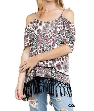 Greek Archaic Kori Off The Shoulder Fringe Top In Coral Mix