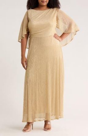 OLEG CASSINI Capelet Metallic Pleated Gown in Gold at Nordstrom Rack, Size 1 X