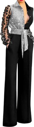 Generic Womens Lapel Sexy Deep V Lace Stitching Bell Bottoms Jumpsuit Jumpsuits Sequin Black